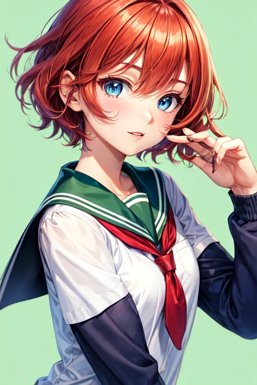  30 year old redhead, short hair and blue eyes, wearing school clothes and with a green background