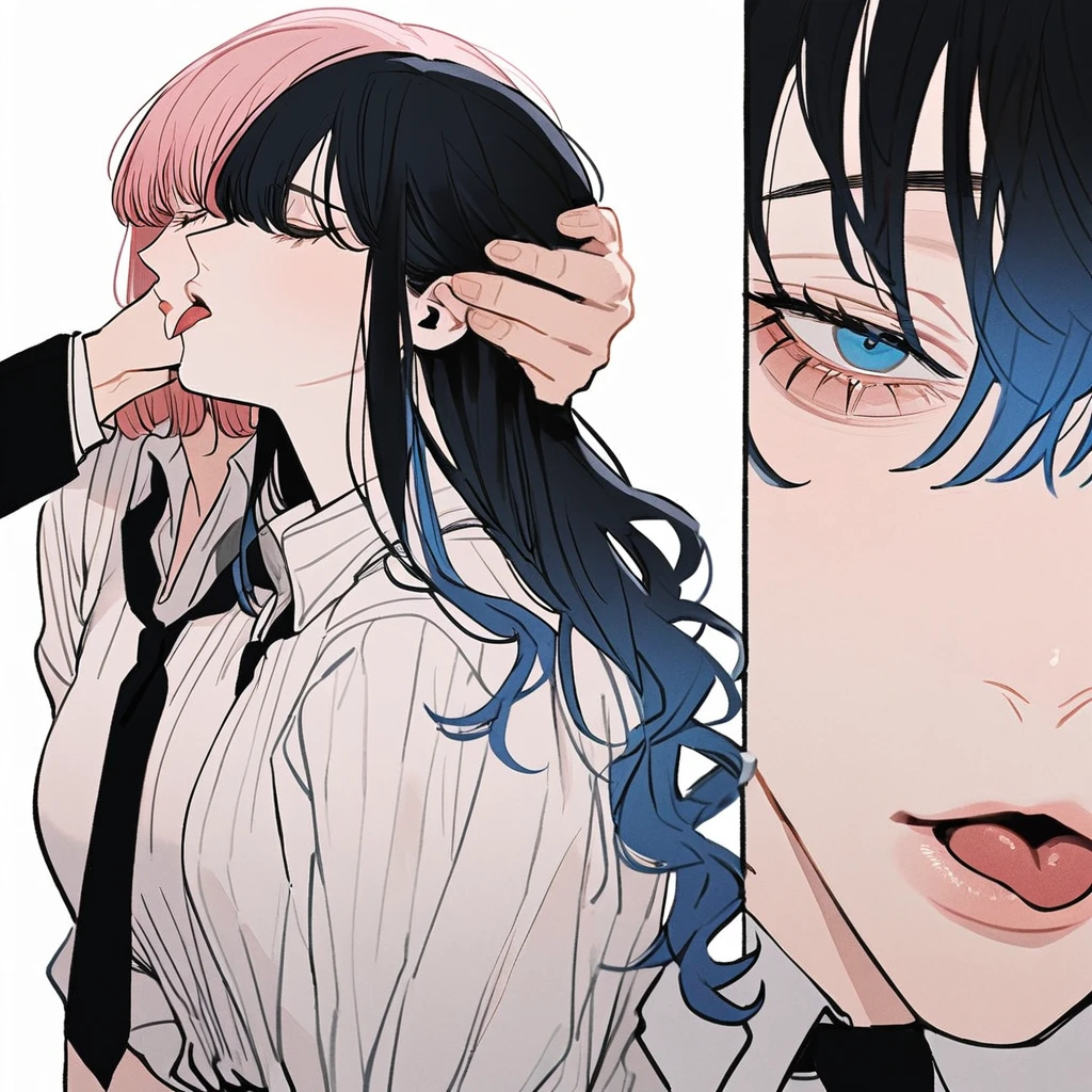 1 older woman with long wavy, light pink hair with blue highlights,kissing a young boy with short black hair,she is holding his head,(Tongue kiss), bloodstains,both with a white blouse and a black tie, White background, estilo chainsaw man 