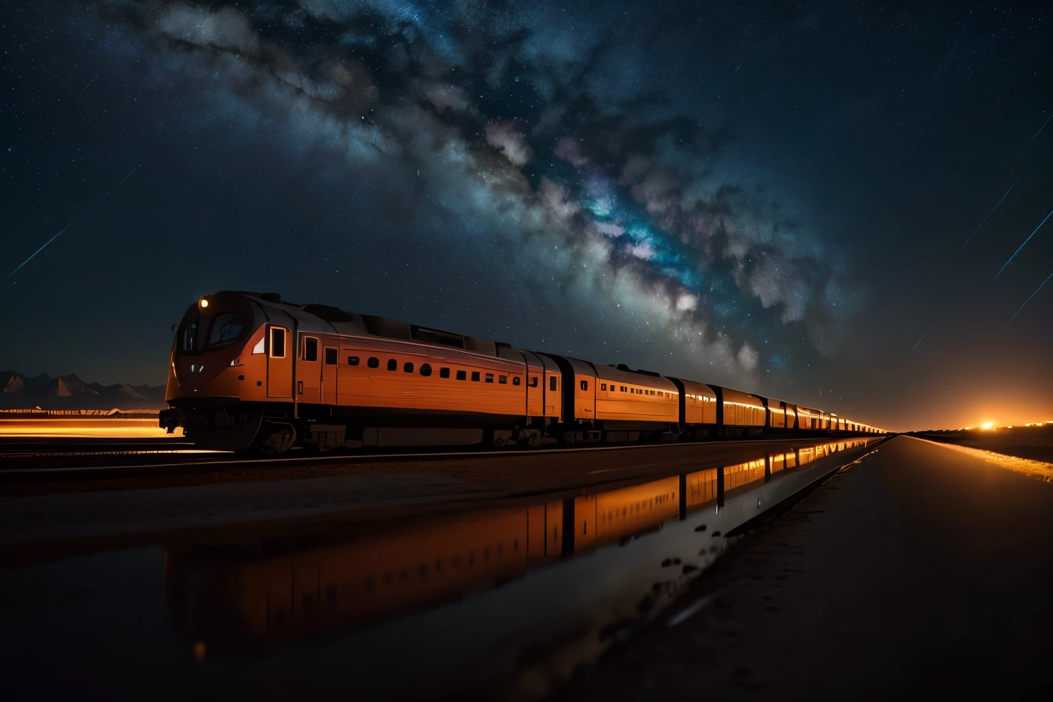 /I At night, the train travels on the vast salt lake, reflecting the train, the Milky Way and the starry sky. Front and side view, HD, photography style, wide-angle lens Angle, symmetrical composition, natural light, spectacular scenery
