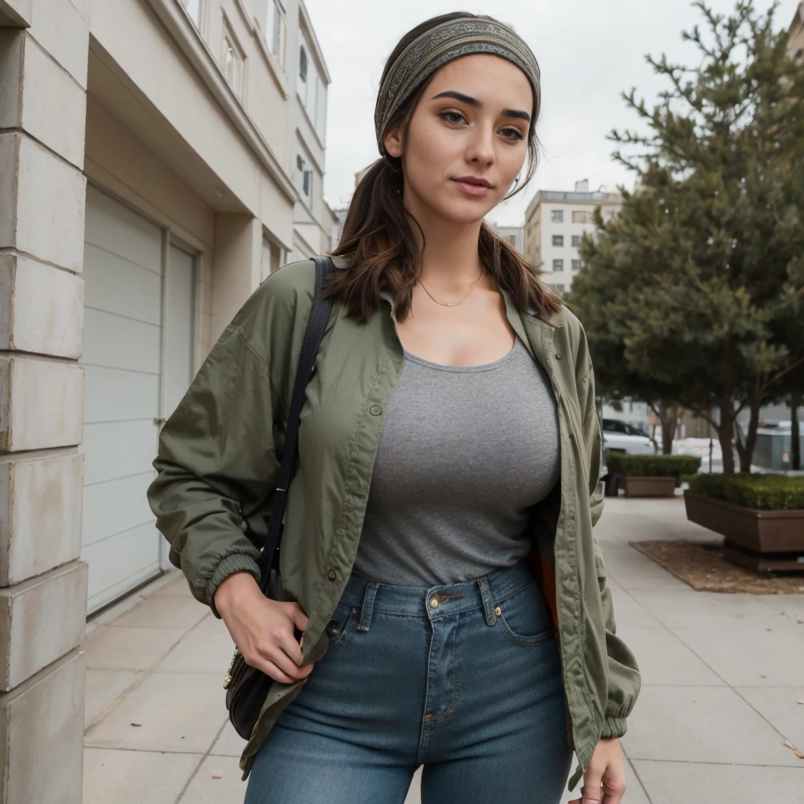 Extremely busty thin and toned brunette photographer, college girl, fair skin, loose ponytail, soft face, athletic, bandana babushka headwrap, tight olive green casual windbreaker, skinny jeans. standing in front of her apartment building, outdoors, city, camera bag, cleavage 