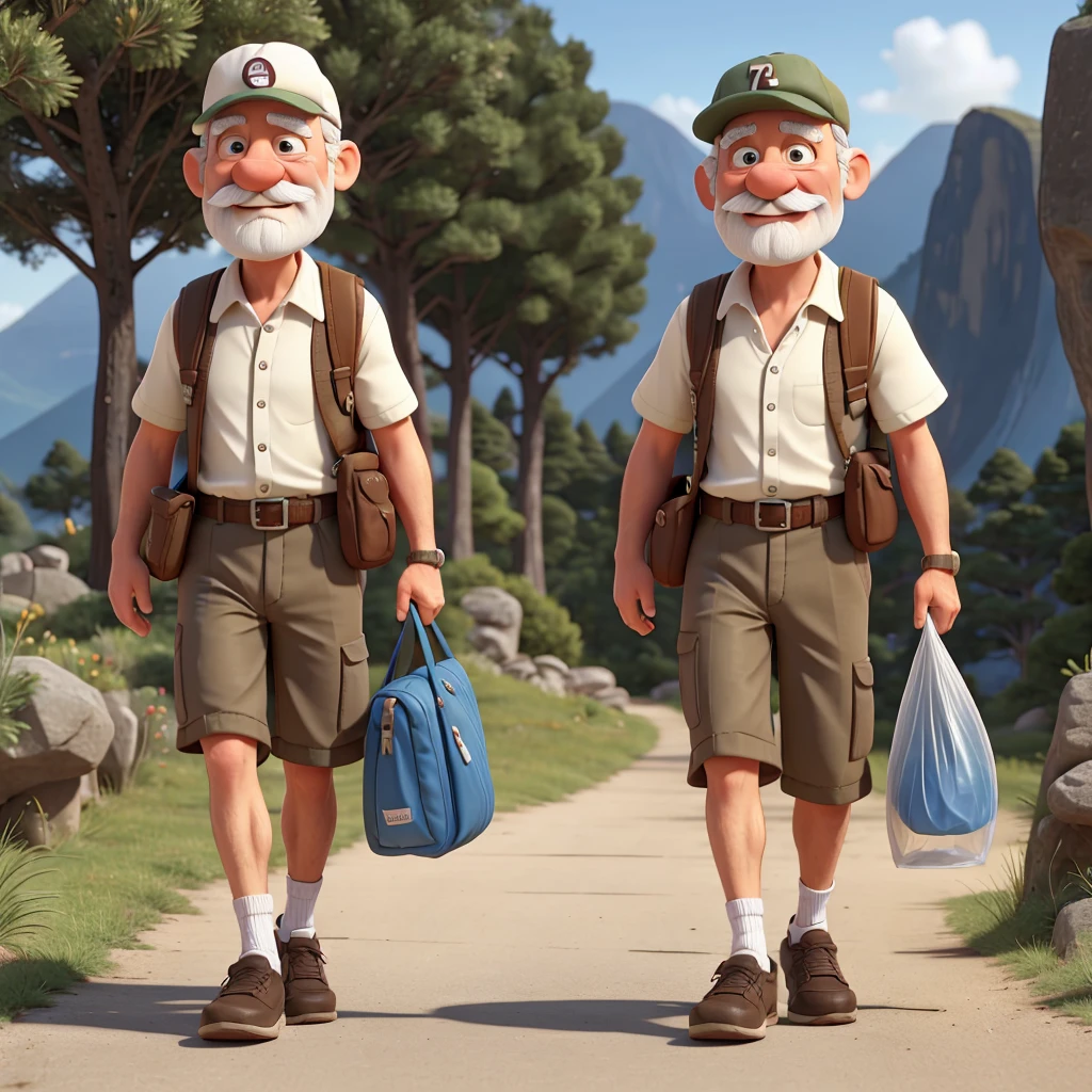 naughty man, 70 years old, in a cap, walking shoes, bald hair, white and carrying plastic bags, mustache and more hiking clothes