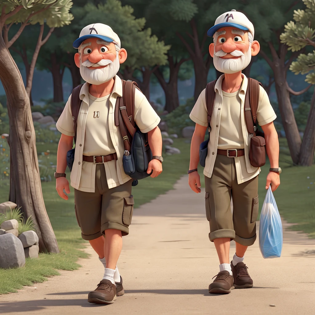naughty man, 70 years old, in a cap, walking shoes, bald hair, white and carrying plastic bags, mustache and more hiking clothes
