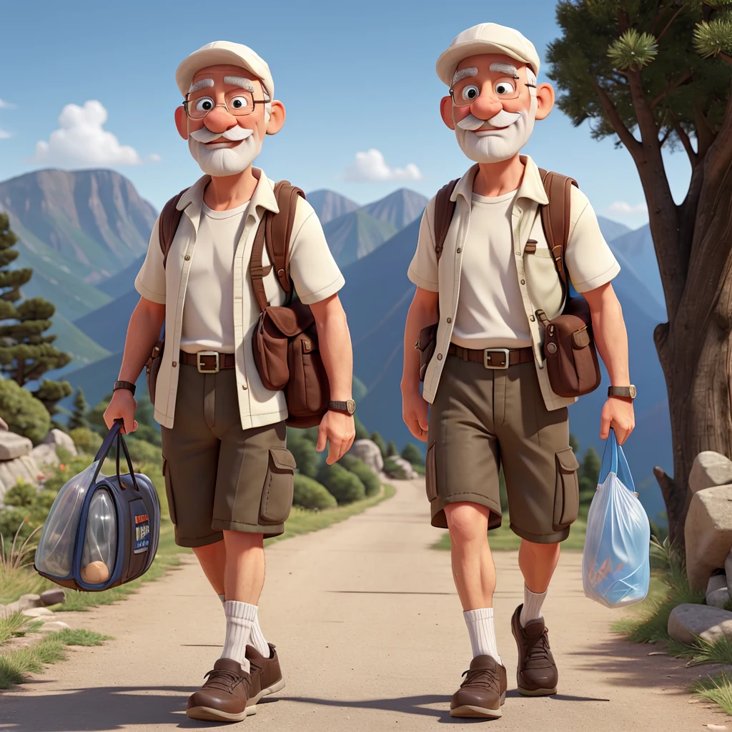 naughty man, 70 years old, in a cap, walking shoes, bald hair, white and carrying plastic bags, mustache and more hiking clothes