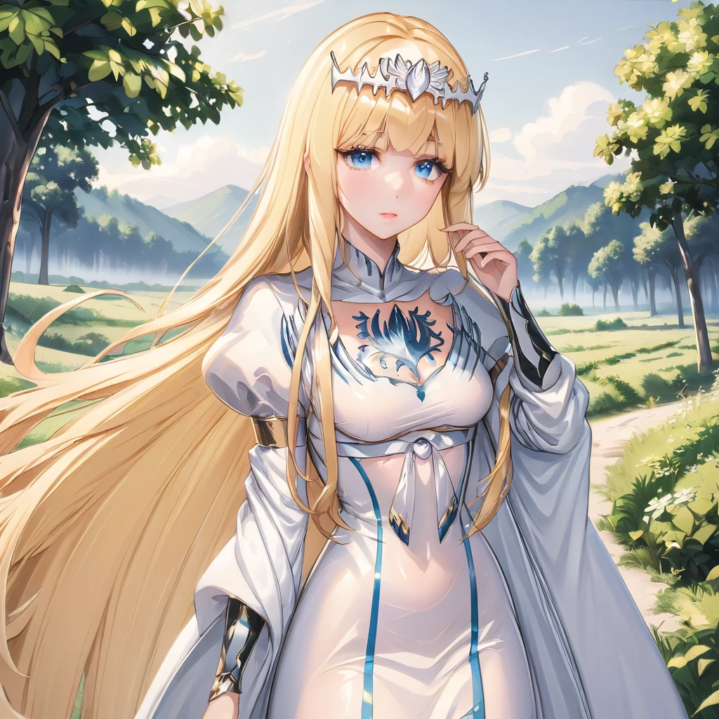 masterpiece,ultra-detailed,best quality,8K,illustration,,clean skin ,shiny hair,girl,ultra-detailed-eyes,simple background, cowboy shot, 1girl,solo, calca, blonde hair, ,( extremely long hair:1.3), very long hair, extra long hair, white tiara, white dress, blue eyes,Calca Bessarez, medium breast,Calca, outdoor, beautiful forest