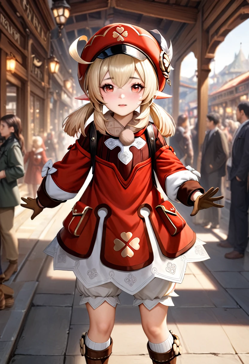 animetoreal,soft light, masterpiece, best quality,high quality,delicate face, realistic,photorealistic,1girl,,klee_(genshin_impact), genshin_impact, blonde_hair, ahoge, hair_between_eyes, low_twintails, medium_hair, pointy_ears, sidelocks, cabbie_hat, red_hat,four-leaf_clover, clover_print, brown_gloves, gold_trim, pom_pom_(clothes), puffy_sleeves, puffy_long_sleeves, light_long_sleeves, bloomers, dress, red_dress, ankle_boots, brown_footwear, kneehighs, white_socks, bandaid, pocket,,in a plaza,floating_clothes