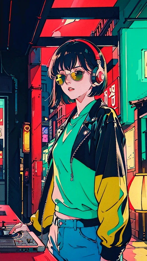 Beautiful Korean Women、one person, Black Hair, headphone, He is wearing a leather jacket and red sunglasses., Turntable in the room, In the style of neon realism, Charming character, action, Gadget Punk, solapunk, Colorful street scene, Crimson and amber, Neon Black, Soft lighting, night, nighttime, Realistic, red lighting, Green Lighting, Hard Shadows, masterpiece, highest quality, complicated, Model shooting style, Vintage, Film Grain, Incomplete details