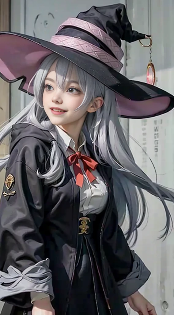 In the lyrics,Witch Hat,Black Robe,Collared shirt,Yellow ribbon,A light smile,Large Breasts,Highest quality, Gray Hair