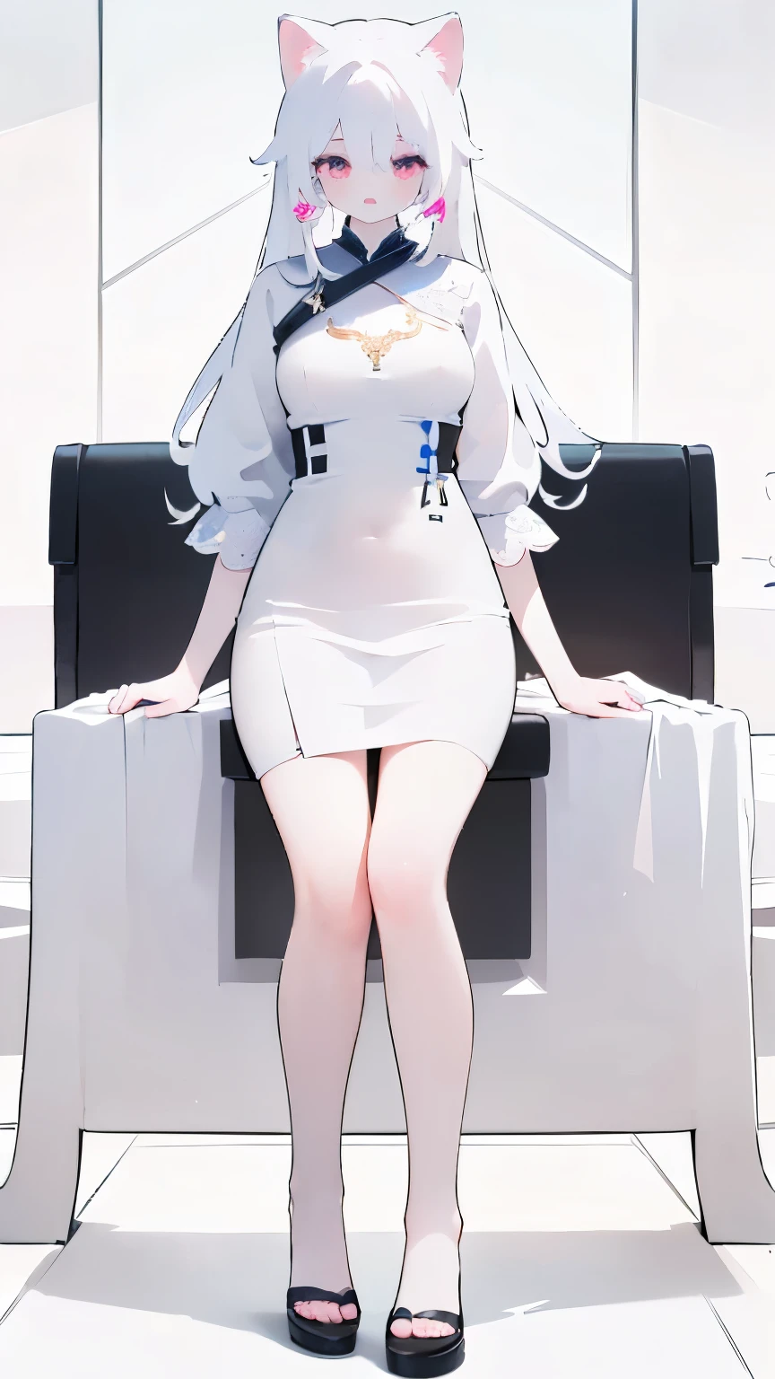 Tsundere 18 year old girl, beautiful and delicate eyes, beautiful lips, very detailed 눈과 얼굴, long eyelashes, 1girl, white cat ears, foot long bag, Front view, Red-eye, (top quality, 4K, 8K, high resolution, masterpiece:1.2), very detailed, (realistic인, realistic인, realistic인, realistic인, realistic: 1.37), very large breasts, elegant, fantasy, white background, white hair, Sitting figure, Touching the chest