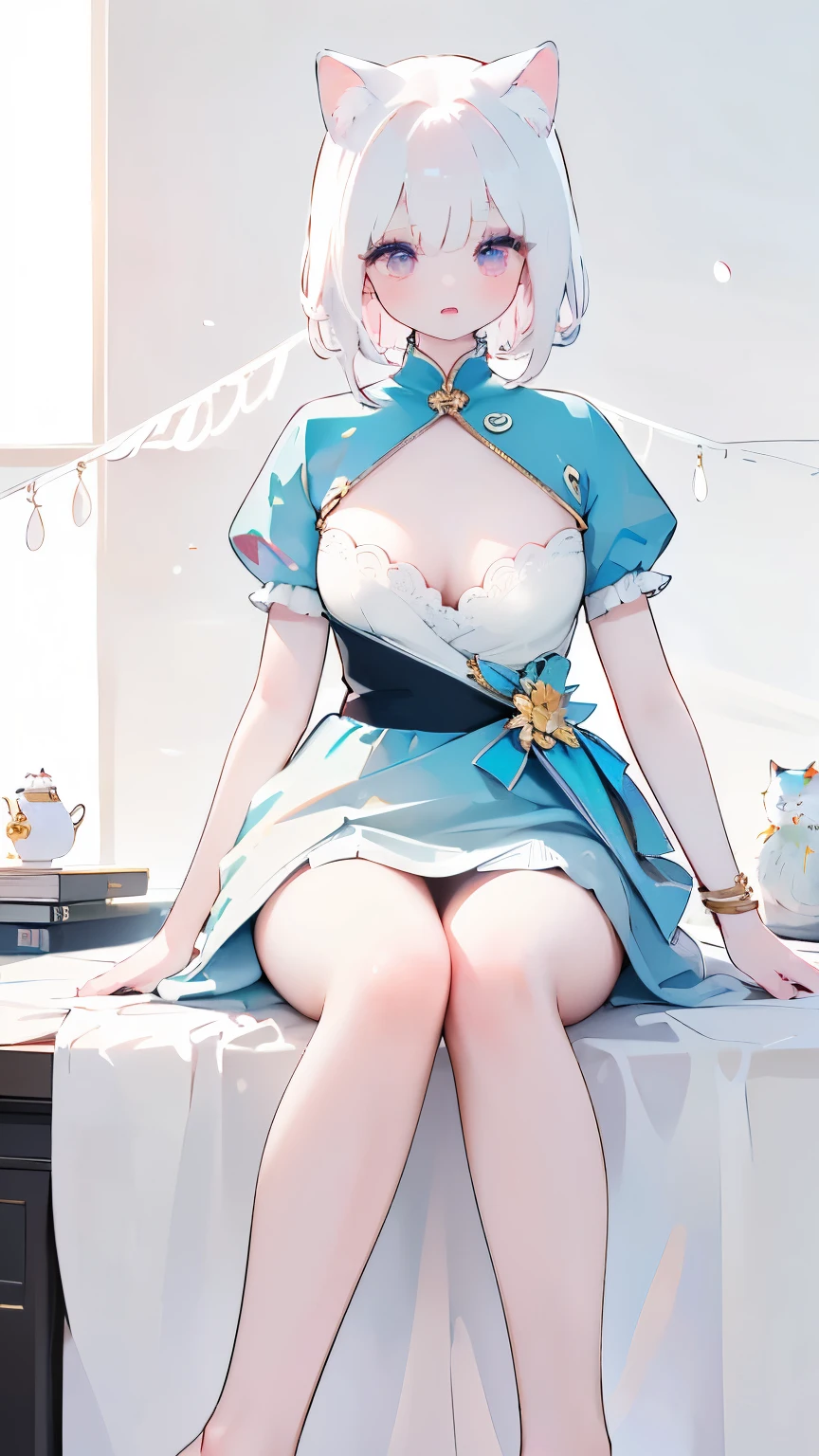 Tsundere 18 year old girl, beautiful and delicate eyes, beautiful lips, very detailed 눈과 얼굴, long eyelashes, 1girl, white cat ears, foot long bag, Front view, Red-eye, (top quality, 4K, 8K, high resolution, masterpiece:1.2), very detailed, (realistic인, realistic인, realistic인, realistic인, realistic: 1.37), very large breasts, elegant, fantasy, white background, white hair, Sitting figure, Touching the chest