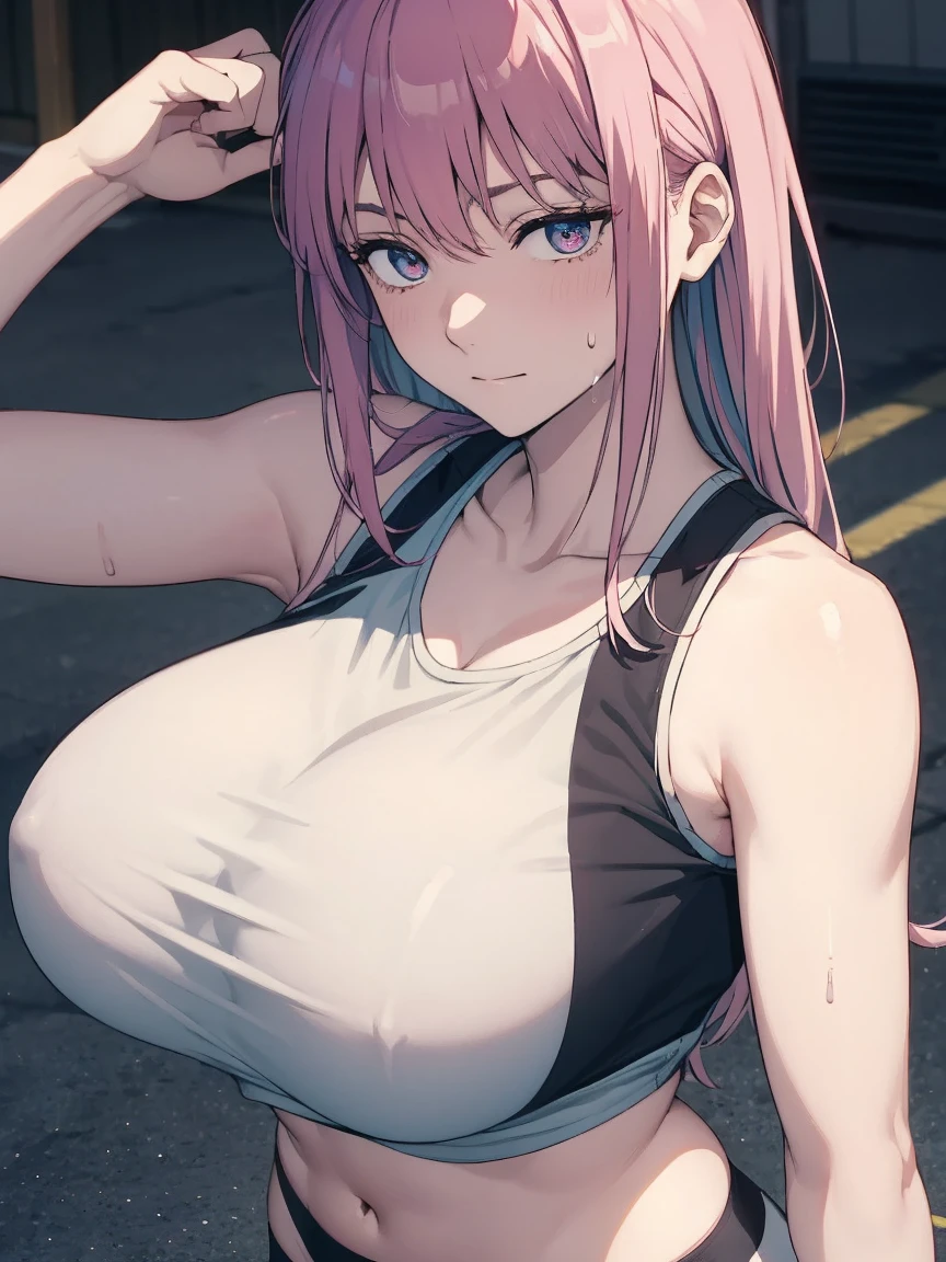 (Sweat, White skin:1.5、Light gray sports bra, ), cameltoe, Fitness, , ((ブラにSweat染み:1.5, Sweatで濡れている, Sweat染み, black stain on グレースポーツブラ:1.5)),, Sturdy body、lie down