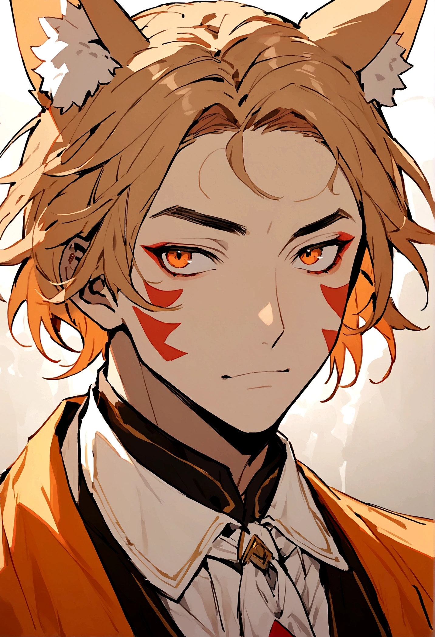 Adult male with light brown skin, messy orange hair with fox ears and red triangle markings on the cheeks