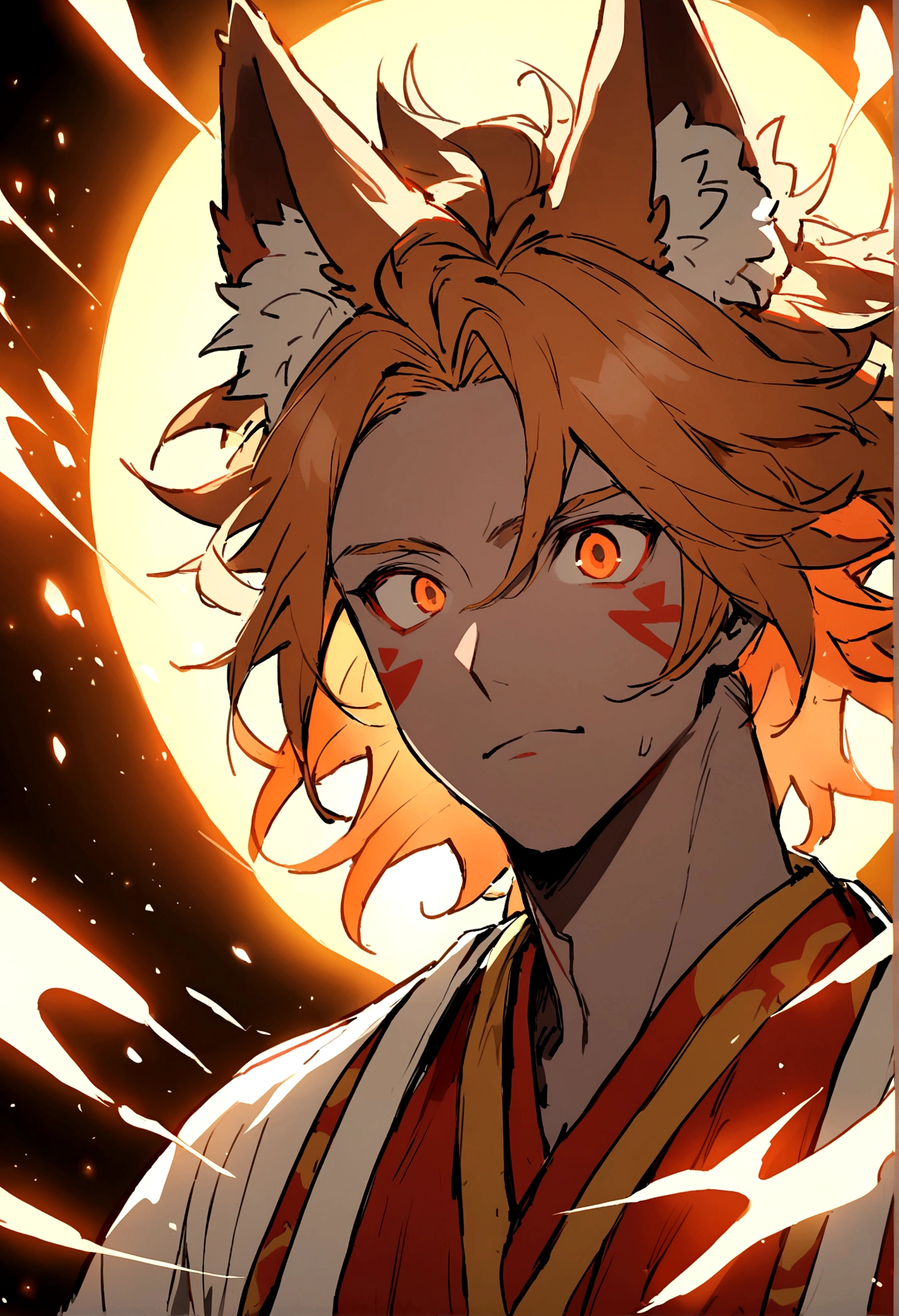 Adult male with light brown skin, messy orange hair with fox ears and red triangle markings on the cheeks 