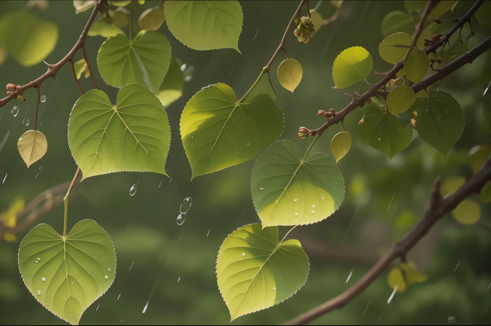 /I Spring rain, leaves hanging on branches, sunlight shining through the leaves and falling down from above, raindrops dripping off green tree leaves, fresh air filled with spring fragrance, fresh water droplets splashing in mid-air, fresh green color tone, tranquil scene, soft light. High definition photography, ultra-high resolution, bright colors, natural scenery, clear details, harmonious composition. in the style of a photographer. --ar 3:4 --niji 6
