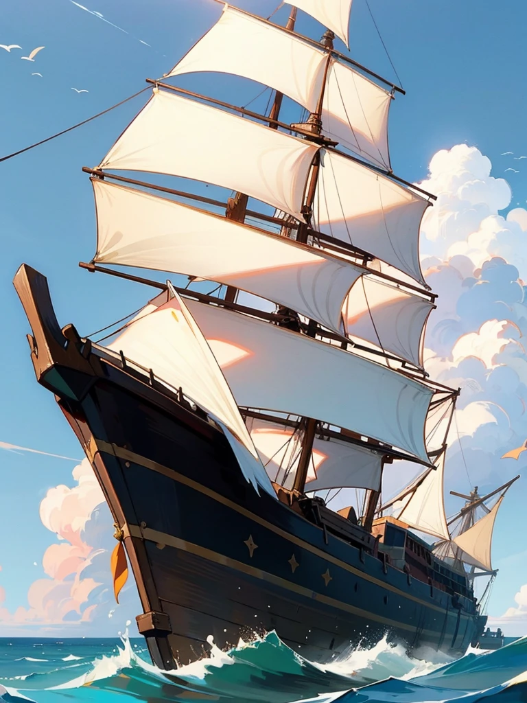 Ship, Medieval ship, Galeon, Sailing ship, open sea, clear sky, painting, one ship,
