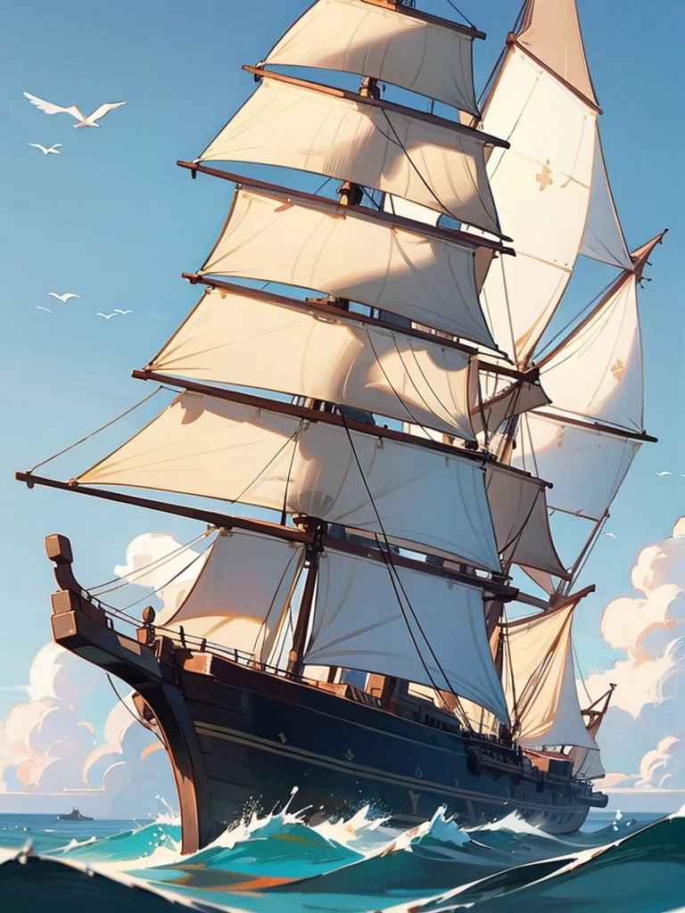 Ship, Medieval ship, Galeon, Sailing ship, open sea, clear sky, painting, one ship,
