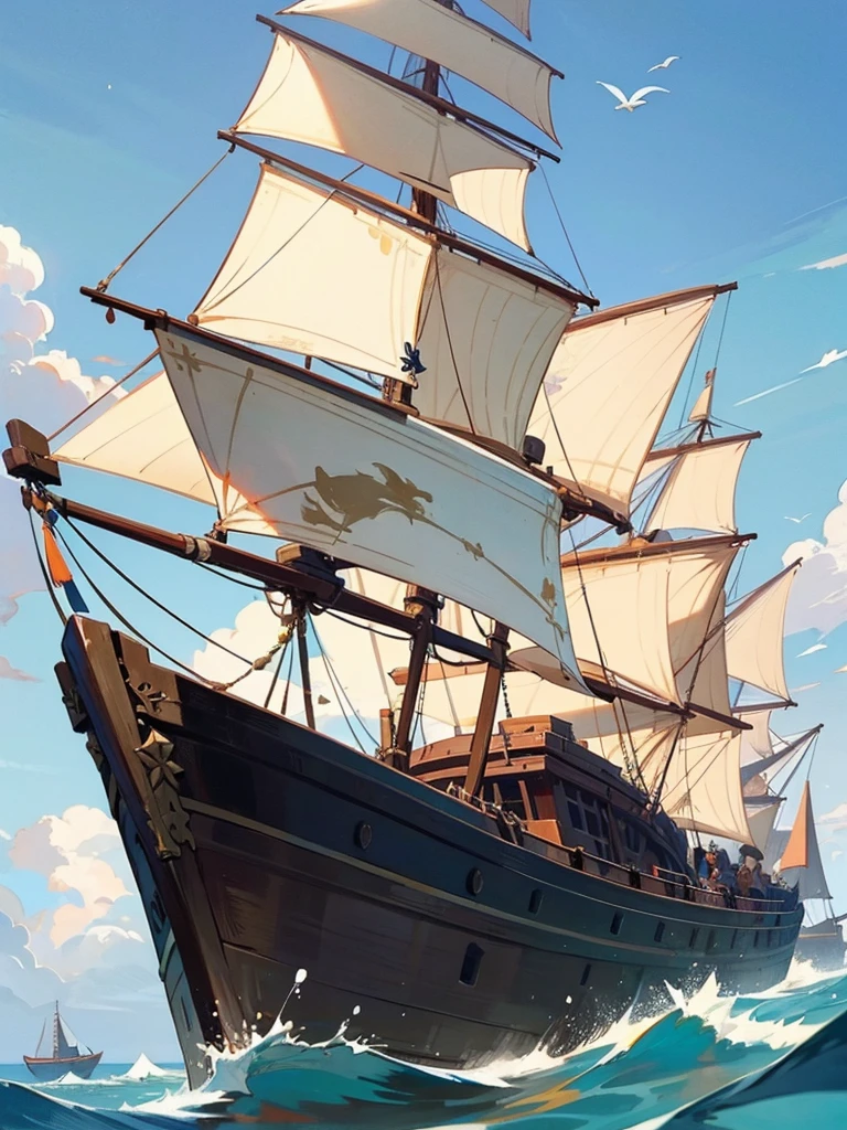 Ship, Medieval ship, Galeon, Sailing ship, open sea, clear sky, painting, one ship,