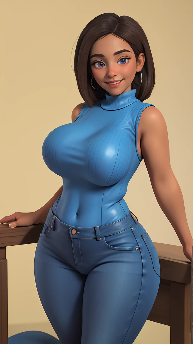 MISS APPLE, SMILE, ((sleeveless sweater)), market bottom, (((jeans))), (((blue leather))), detailed skin, perfect legs, perfect thighs, (((curvy body))), (((showing buttocks crouched)), inviting sex