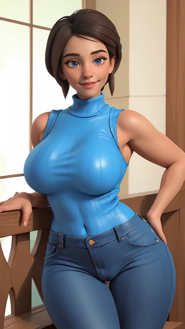 MISS APPLE, SMILE, ((sleeveless sweater)), market bottom, (((jeans))), (((blue leather))), detailed skin, perfect legs, perfect thighs, (((curvy body))), (((showing buttocks crouched)), inviting sex