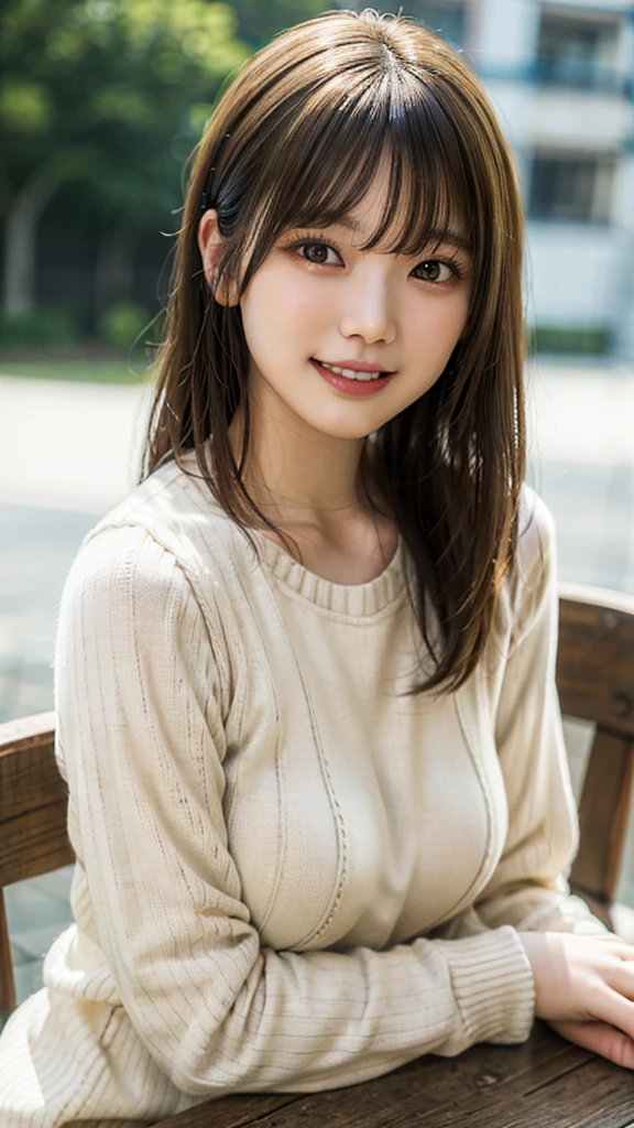 Tabletop, Highest quality, Photorealistic, In detail, High resolution, 8k wallpaper, Perfect dynamic composition, Beautiful attention to detail, Medium Hair, Big ample breasts, Random sexy poses,Random Situation、Tight beige knitwear、Breast bulge、Laughter、Natural landscape、23 years old、(Droopy Eyes 1.3)、Adult Beauty