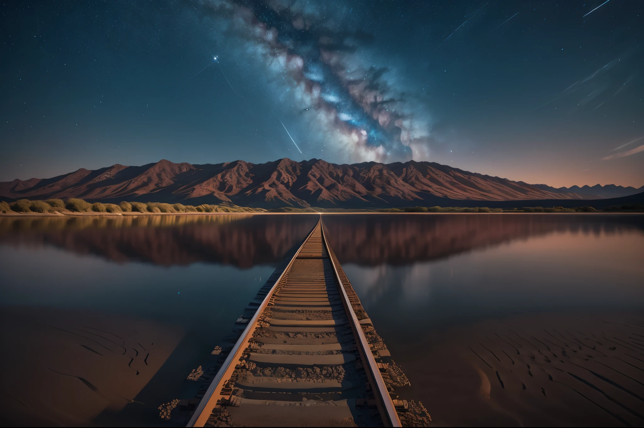 /I At night, the train travels on the vast salt lake, reflecting the train, the Milky Way and the starry sky. Front and side view, HD, photography style, wide-angle lens Angle, symmetrical composition, natural light, spectacular scenery

