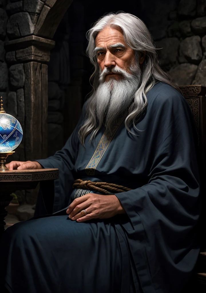 In the dimly lit chamber, an ancient wizard can be seen, his long grey beard and wisps of white hair framing a wise and weathered face. His eyes, filled with wisdom and age, gleam with an inexplicable mystique. He wears a robe made of rich, deep colors, adorned with intricate runes and symbols, hinting at his centuries-old knowledge. His posture exudes a sense of power and serenity, as he sits cross-legged on a worn, mysterious-looking crystal ball, his hands lightly touching its smooth surface. His entire aura radiates the awe-inspiring aura of an old wizard, a master of