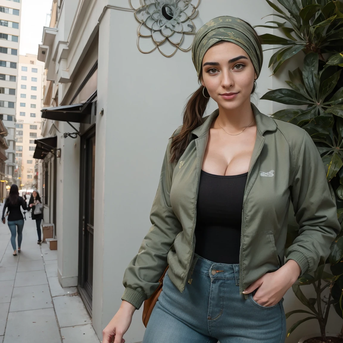 Extremely busty thin and toned brunette photographer, college girl, fair skin, loose ponytail, soft face, athletic, bandana babushka headwrap, tight olive green casual windbreaker, skinny jeans. standing in front of her apartment building, outdoors, city, camera bag, cleavage