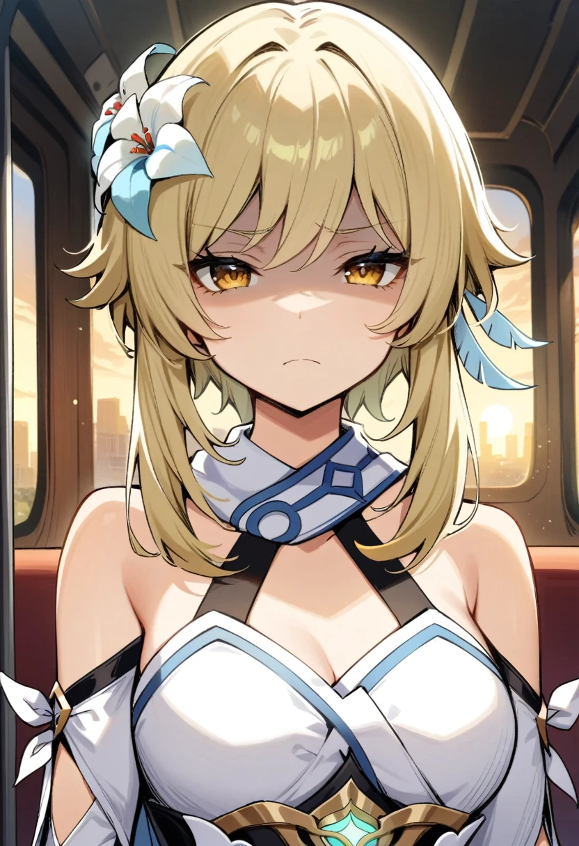 masterpiece, best quality, very aesthetic, absurdres,1girl, ,lumine_(genshin_impact), genshin_impact, blonde_hair, short_hair_with_long_locks, sidelocks, yellow_eyes, hair_flower, hair_ornament, flower, white_flower, detached_sleeves, black_gloves, white_dress, sleeveless_dress, sleeveless, vambraces,,1girl,upper body, (contempt, disgust,shaded face,looking at viewer,frown),heart-shaped gesture,,on a bench in a train,the sun set, city landscape over the window,,floating_clothes