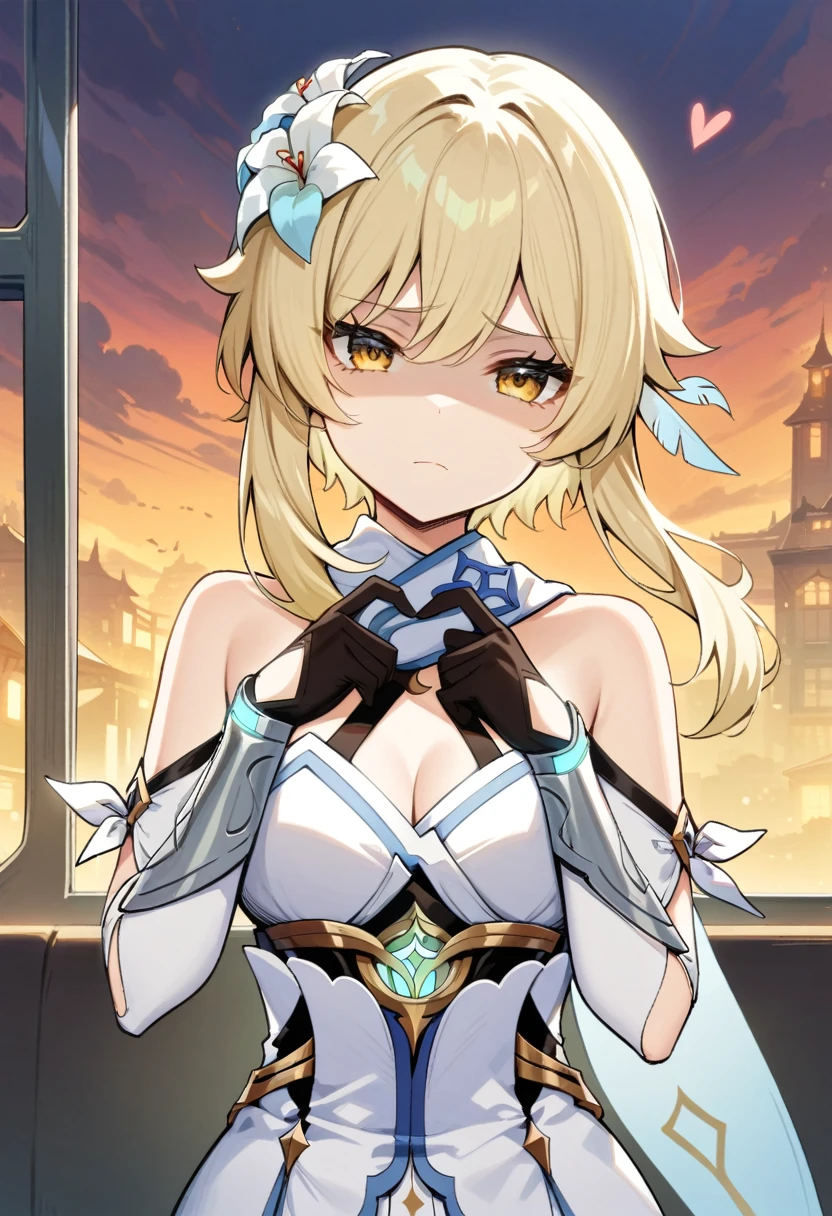 masterpiece, best quality, very aesthetic, absurdres,1girl, ,lumine_(genshin_impact), genshin_impact, blonde_hair, short_hair_with_long_locks, sidelocks, yellow_eyes, hair_flower, hair_ornament, flower, white_flower, detached_sleeves, black_gloves, white_dress, sleeveless_dress, sleeveless, vambraces,,1girl,upper body, (contempt, disgust,shaded face,looking at viewer,frown),heart-shaped gesture,,on a bench in a train,the sun set, city landscape over the window,,floating_clothes