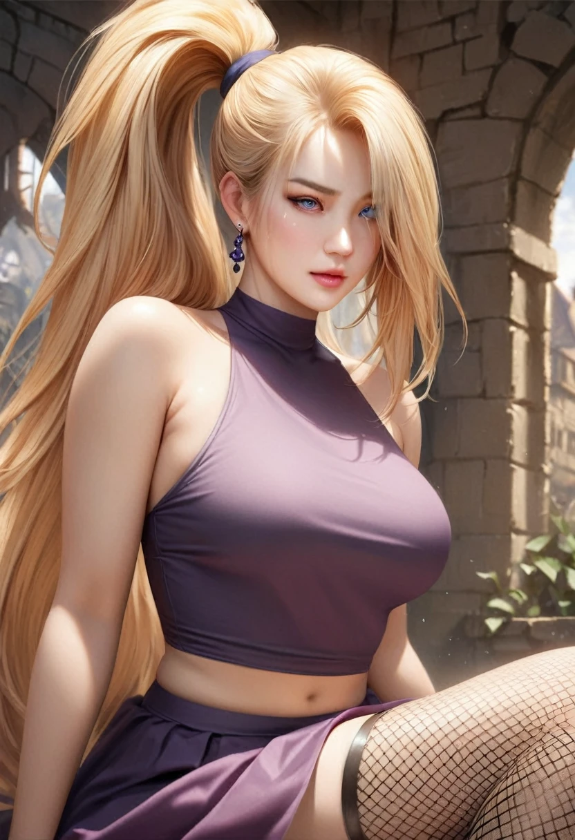 animetoreal,soft light, masterpiece, best quality,high quality,delicate face, realistic,photorealistic,1girl,,yamanaka_ino, naruto_(series), naruto_shippuuden, blonde_hair, long_hair, high_ponytail, hair_over_one_eye, blue_eyes,large_breasts,  bare_shoulders, midriff, purple_crop_top, earrings, Fishnet elbow pads, jewelry, purple_skirt, Fishnet stockings,in a castle,floating_clothes