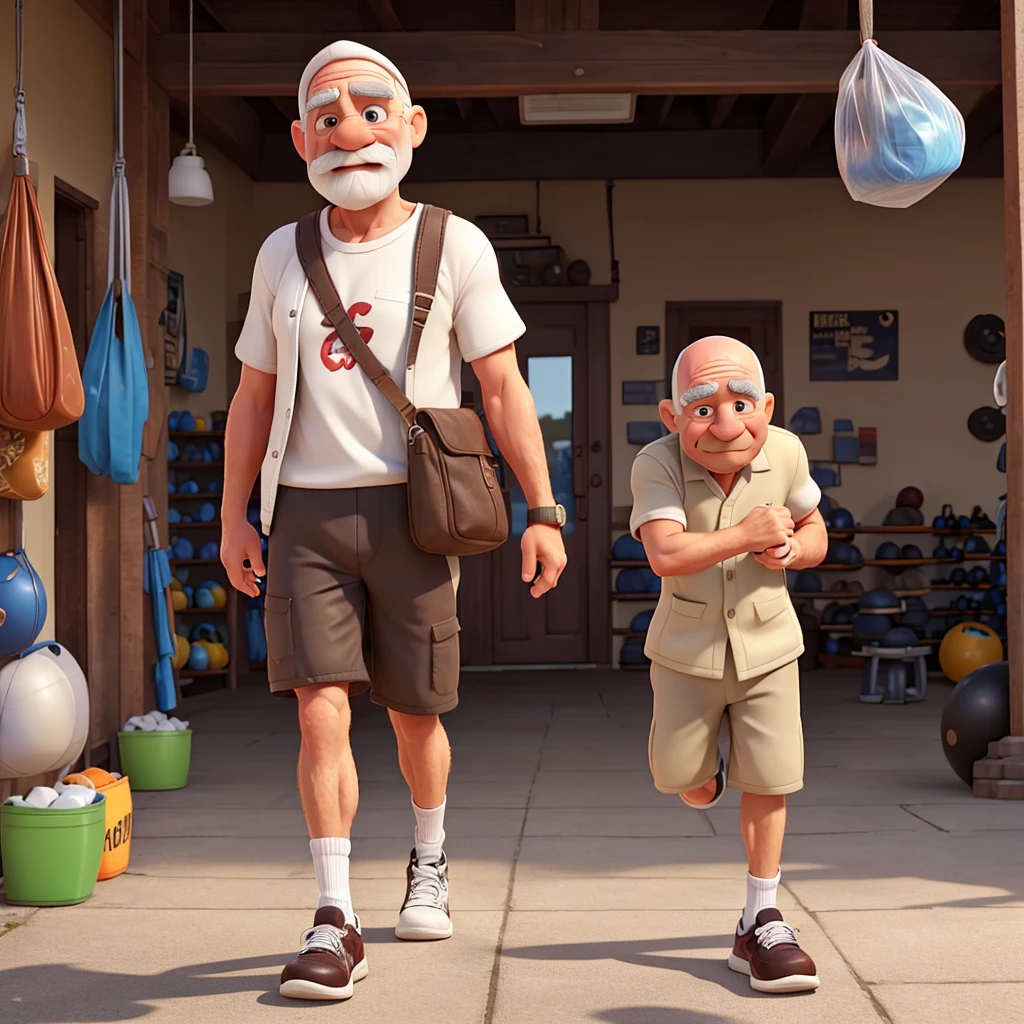 naughty man, 70 years old, in a cap, walking shoes, bald hair, white and carrying plastic bags, mustache and more gym clothes