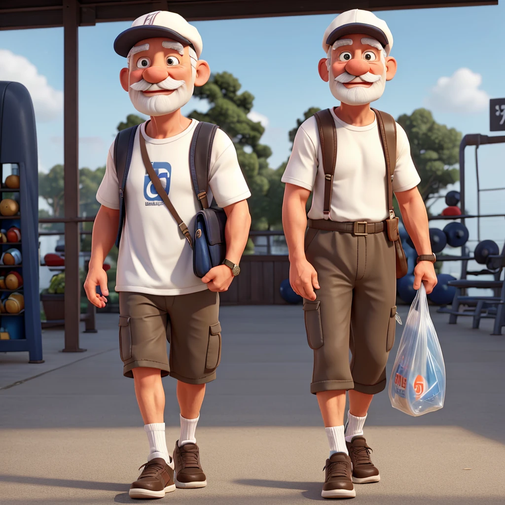 naughty man, 70 years old, in a cap, walking shoes, bald hair, white and carrying plastic bags, mustache and more gym clothes