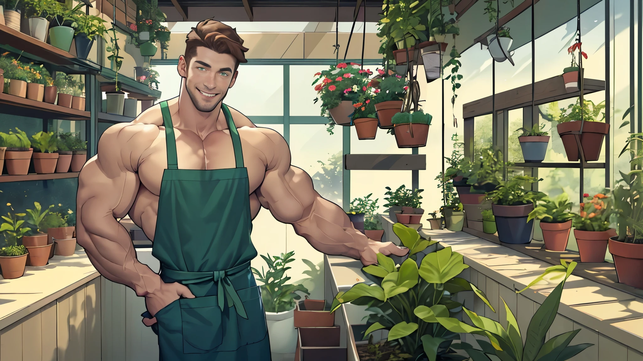 Clear background、A handsome tall man standing, He is 28 years old，Thin waist，The pectoral muscles are well developed, He is 175cm tall，Weight 62 kg、yellow-green eyes、brown hair color、short hair、Shirtless、jeans、looking into camera，Smile，Plant pots，gardening store，apron