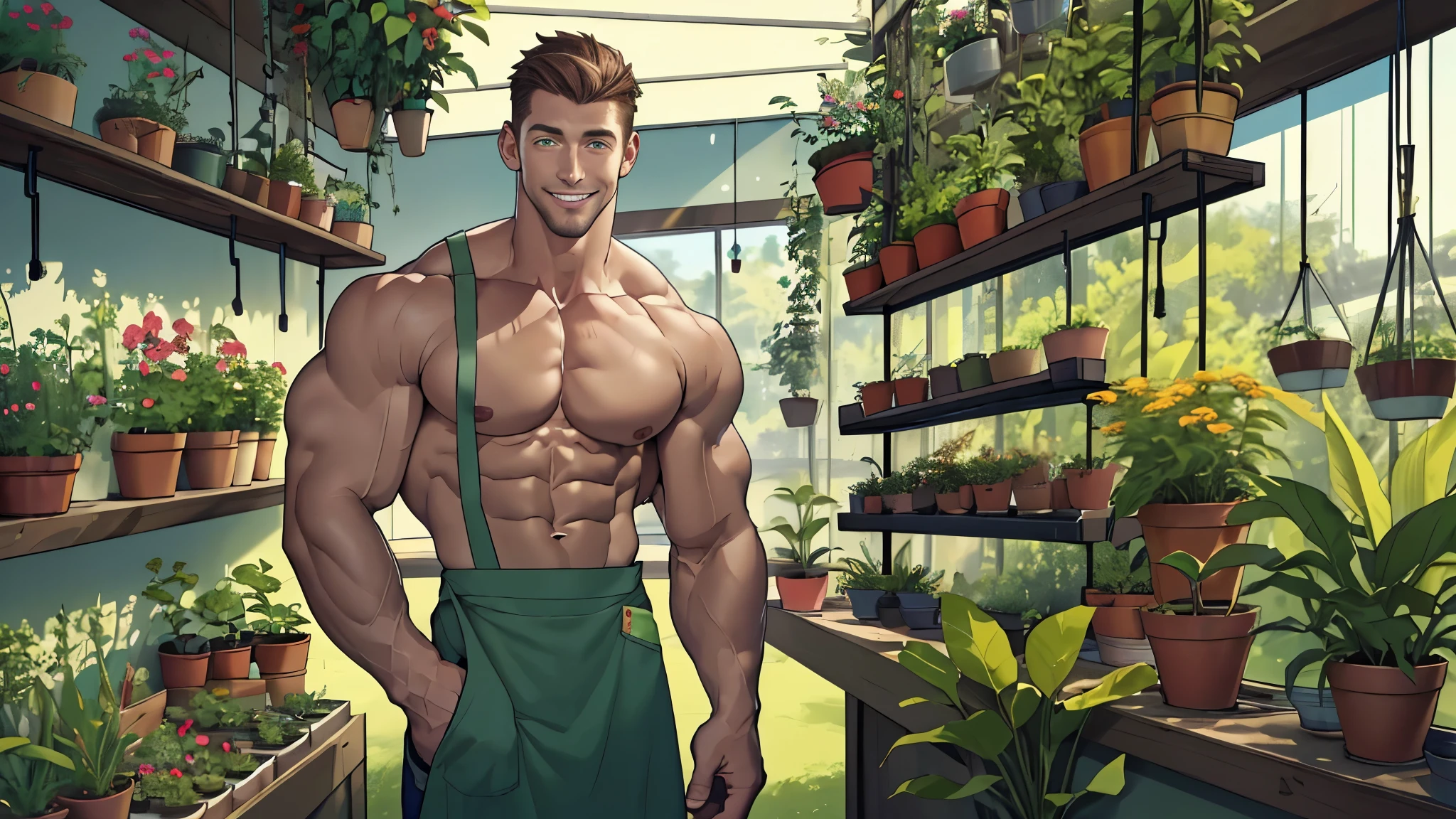 Clear background、A handsome tall man standing, He is 28 years old，Thin waist，The pectoral muscles are well developed, He is 175cm tall，Weight 62 kg、yellow-green eyes、brown hair color、short hair、Shirtless、jeans、looking into camera，Smile，Plant pots，gardening store，apron