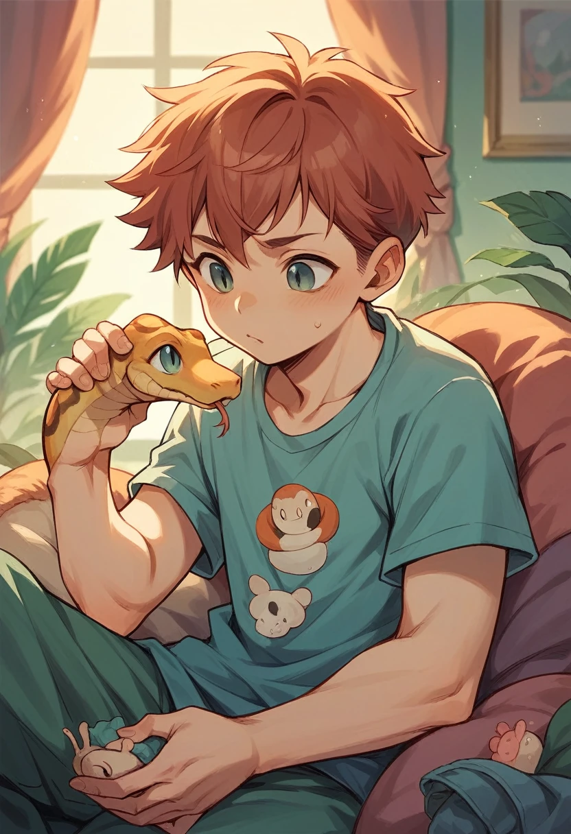 Baby playing with a snake, illustration