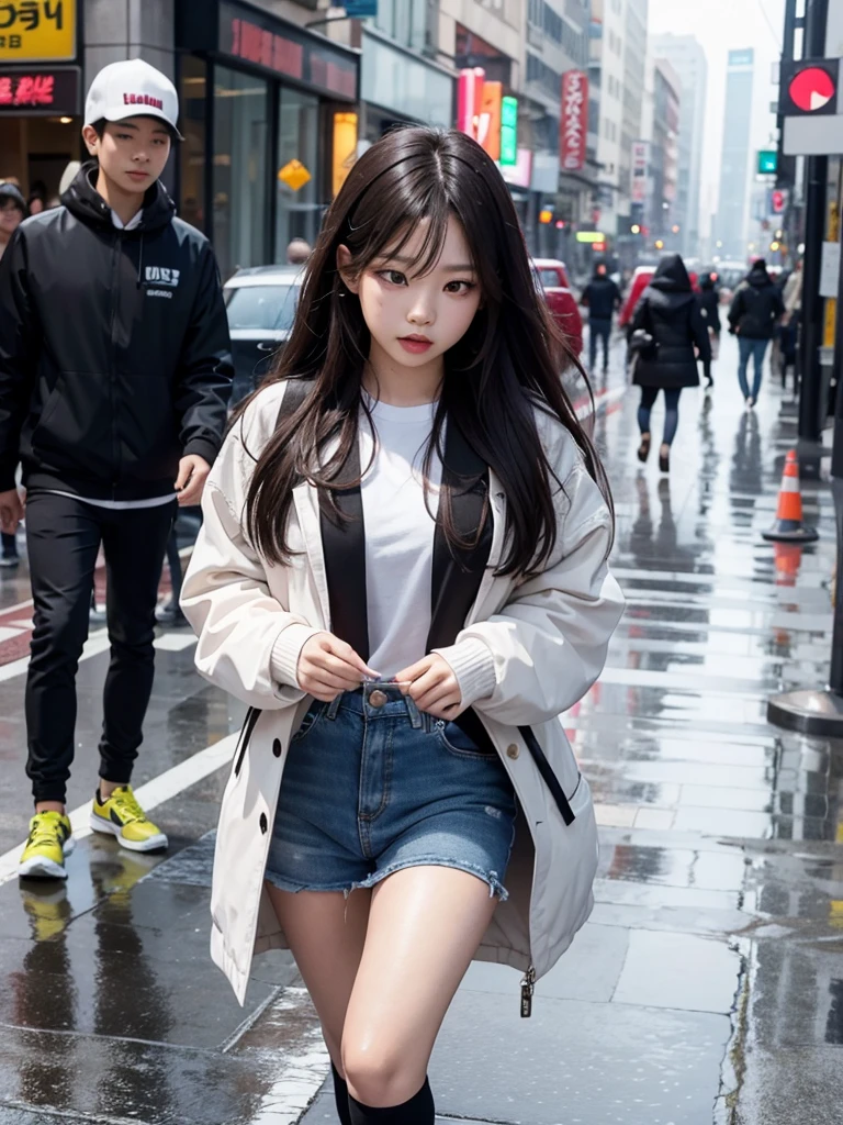(Jennie Kim), the iconic BLACKPINK rapper and singer, com lábios carnudos, corpo torneado, is in Seoul on a rainy day. Despite the downpour, she radiates confidence and style as she walks through the city&#39;s busy streets. Her black trench coat matches perfectly with her transparent umbrella., creating a sleek, modern silhouette. Her black hair is wet and stuck to her face, but this only serves to enhance your natural beauty. A faint smile plays on his lips, as she observes the world around her with an air of mystery. City lights flicker and reflect in puddles of water, creating a vibrant and lively urban setting. Foco nos lábios carnudos, foco no rosto, foco na roupa.