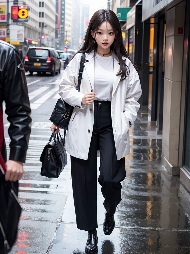 (Jennie Kim), the iconic BLACKPINK rapper and singer, com lábios carnudos, corpo torneado, is in Seoul on a rainy day. Despite the downpour, she radiates confidence and style as she walks through the city's busy streets. Her black trench coat matches perfectly with her transparent umbrella., creating a sleek, modern silhouette. Her black hair is wet and stuck to her face, but this only serves to enhance your natural beauty. A faint smile plays on his lips, as she observes the world around her with an air of mystery. City lights flicker and reflect in puddles of water, creating a vibrant and lively urban setting. Foco nos lábios carnudos, foco no rosto, foco na roupa.