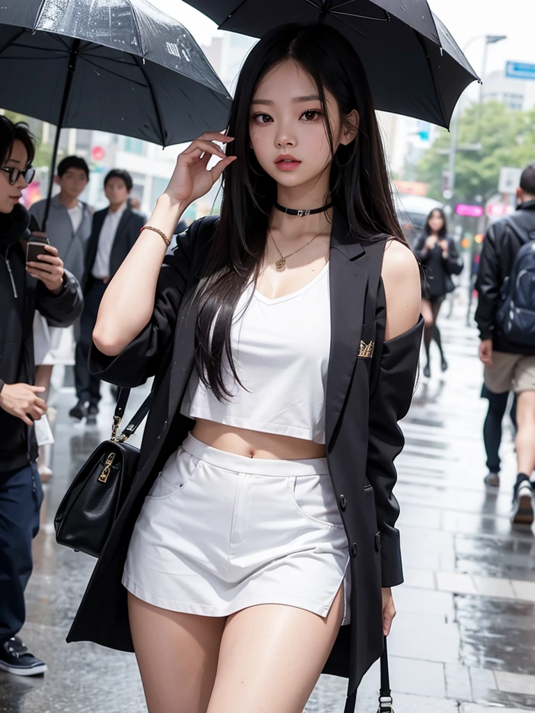 (Jennie Kim), the iconic BLACKPINK rapper and singer, com lábios carnudos, corpo torneado, is in Seoul on a rainy day. Despite the downpour, she radiates confidence and style as she walks through the city&#39;s busy streets. Her black trench coat matches perfectly with her transparent umbrella., creating a sleek, modern silhouette. Her black hair is wet and stuck to her face, but this only serves to enhance your natural beauty. A faint smile plays on his lips, as she observes the world around her with an air of mystery. City lights flicker and reflect in puddles of water, creating a vibrant and lively urban setting. Foco nos lábios carnudos, foco no rosto, foco na roupa.