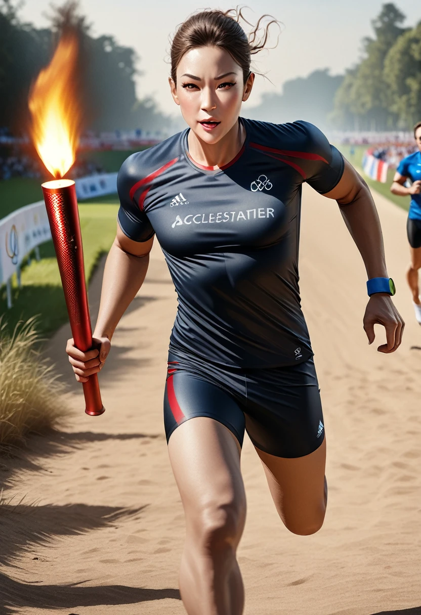 1 person, sock, sports shoes, Red shorts, Blue shirt,holding a torch，Olympic torch,geometry, Art, beautiful, rich and colorful, masterpiece, Top quality, best quality, official Art, beautiful and aesthetic, running, running track, track and field, bloom, track, Race, Asia, whole body.
