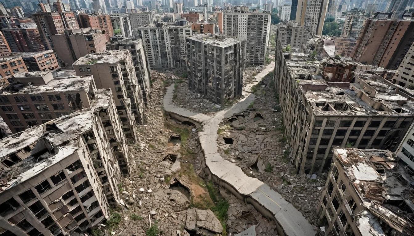 Twisted cityscape, Surrealist, Fiction, large modern city with several tall buildings. The whole city seems to be twisted and ravaged. The ground is distorted and forms several zones between several blocks of buildings. Several tall buildings are ripped open. Some zones are raised in height others are lowered. The majority of buildings are destroyed and in ruins, the streets are partly destroyed and some areas are flooded. Crevices and chasms formed between several buildings creating fragments of land. There are several holes in the roads like in the buildings. The place seems deserted. [Ruins] [Modern City] [Urban Landscape] [Destruction] [High Building] [Abandoned] [Overview] [Crevasses] [Chasm] [Fragments of Overgrown Land] [Fragments of Land Descended] [Apocalyptic] [ High Modern Building Destroyed] [Twisted Landscape] [Fiction] [Lowers lands and Uppers lands] [Areas driven into the ground] [Areas raised above the ground] [ Several areas with high buildings sunk into the ground] [Several areas with large buildings raised above the ground]