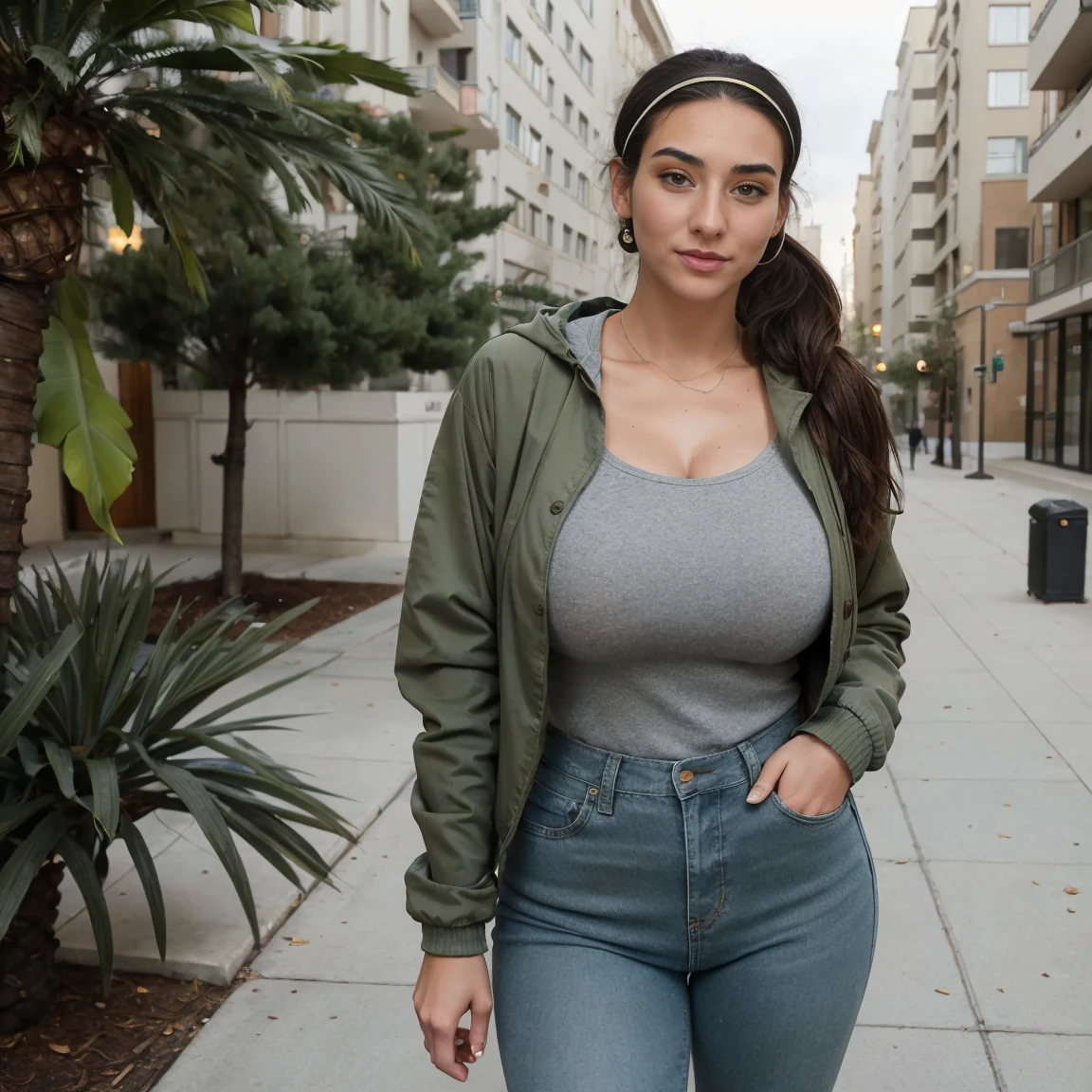 Extremely busty thin and toned brunette photographer, college girl, fair skin, loose ponytail, soft face, athletic, bandana babushka headwrap, tight olive green casual windbreaker, skinny jeans. standing in front of her apartment building, outdoors, city, camera bag, cleavage 