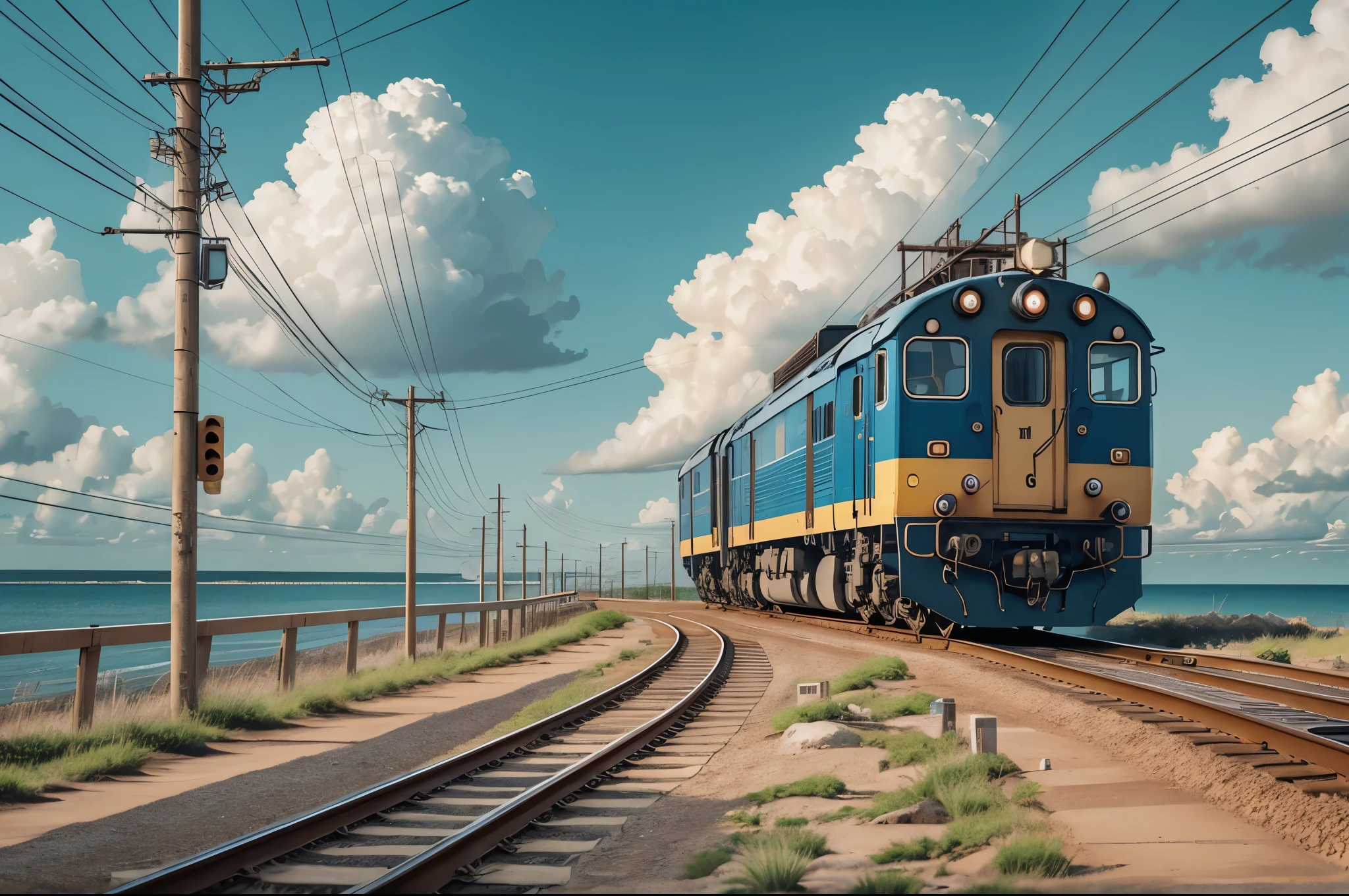 /I A blue sky, yellow and black crossing lights, a Japanese train at the seaside crossroads, Ghibli Studio style, --ar 3:4 --stylize 200