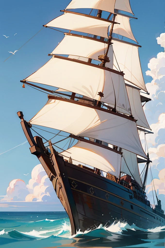 Ship, Medieval ship, Galeon, Sailing ship, open sea, clear sky, painting, one ship,