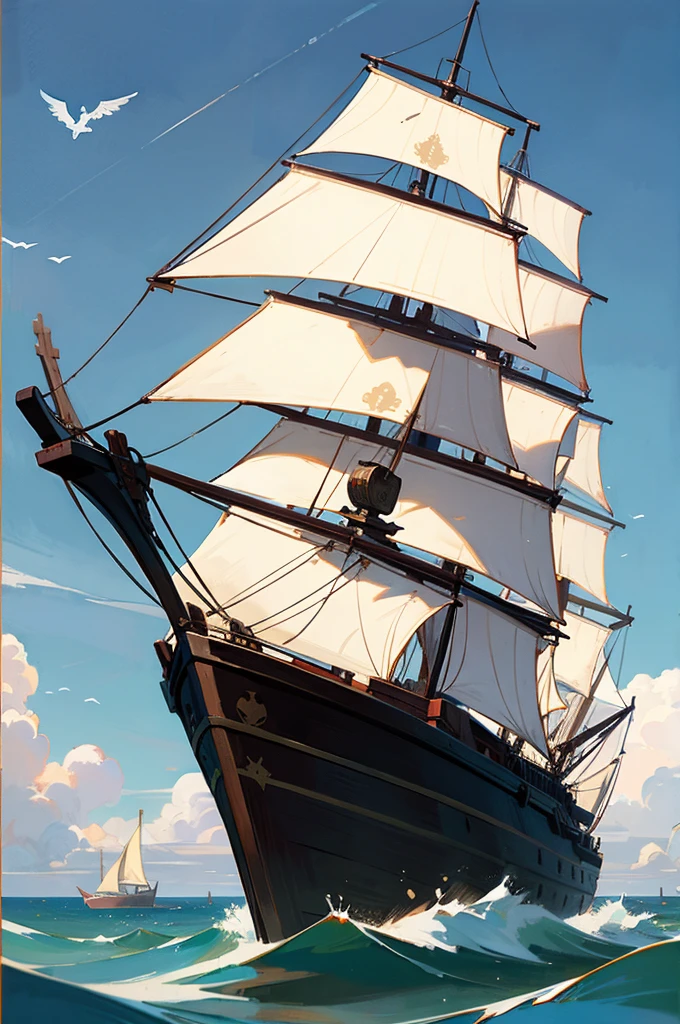 Ship, Medieval ship, Galeon, Sailing ship, open sea, clear sky, painting, one ship,