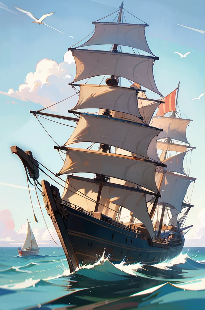 Ship, Medieval ship, Galeon, Sailing ship, open sea, clear sky, painting, one ship,
