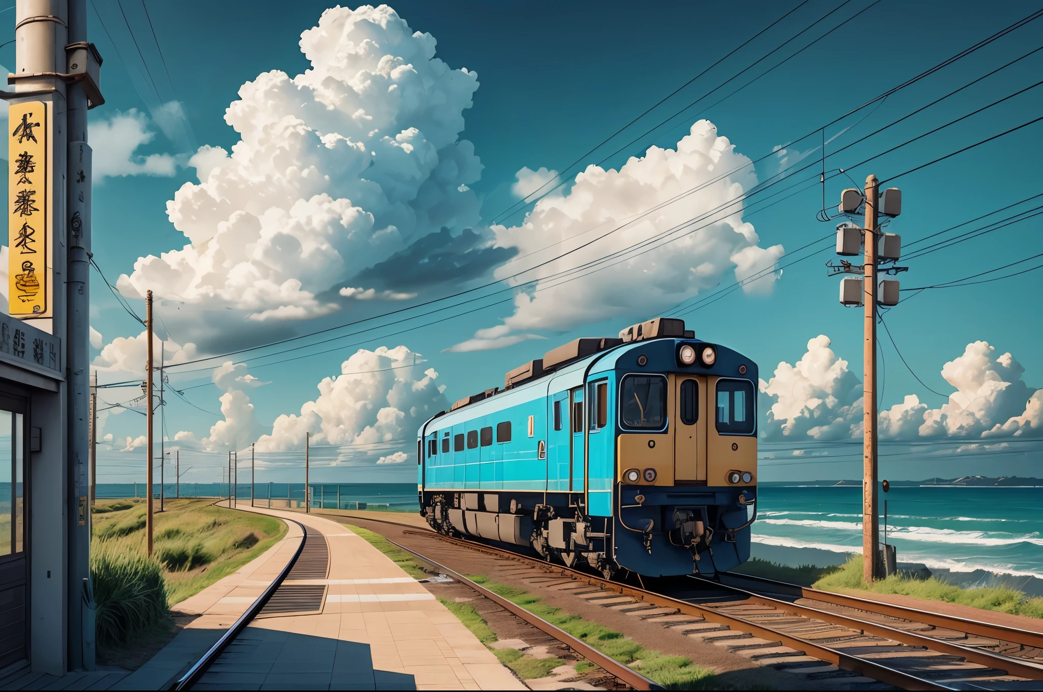 /I A blue sky, yellow and black crossing lights, a Japanese train at the seaside crossroads, Ghibli Studio style, --ar 3:4 --stylize 200