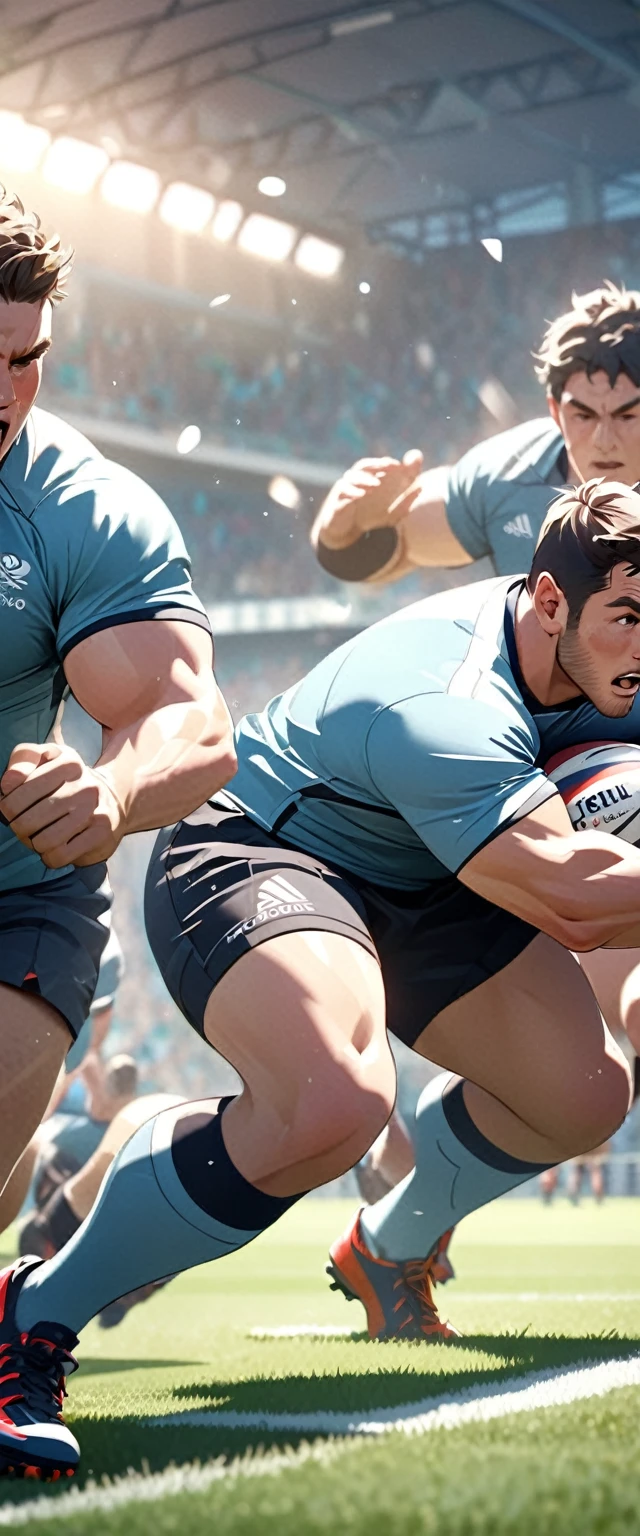 Rugby players in full equipment playing on the sports field.Beautiful and extremely fine texture,detailed, bright, Animation style high definition and high quality presentation