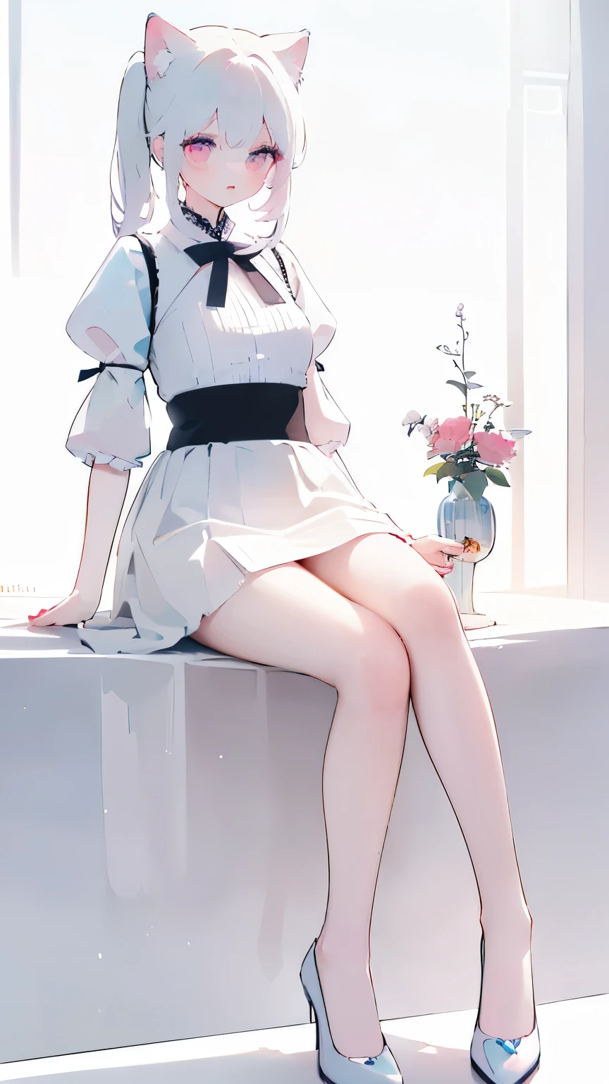 Tsundere 18 year old girl, beautiful and delicate eyes, beautiful lips, very detailed 눈과 얼굴, long eyelashes, 1girl, white cat ears, foot long bag, Front view, Red-eye, (top quality, 4K, 8K, high resolution, masterpiece:1.2), very detailed, (realistic인, realistic인, realistic인, realistic인, realistic: 1.37), very large breasts, elegant, fantasy, white background, white hair, Sitting figure, Touching the chest