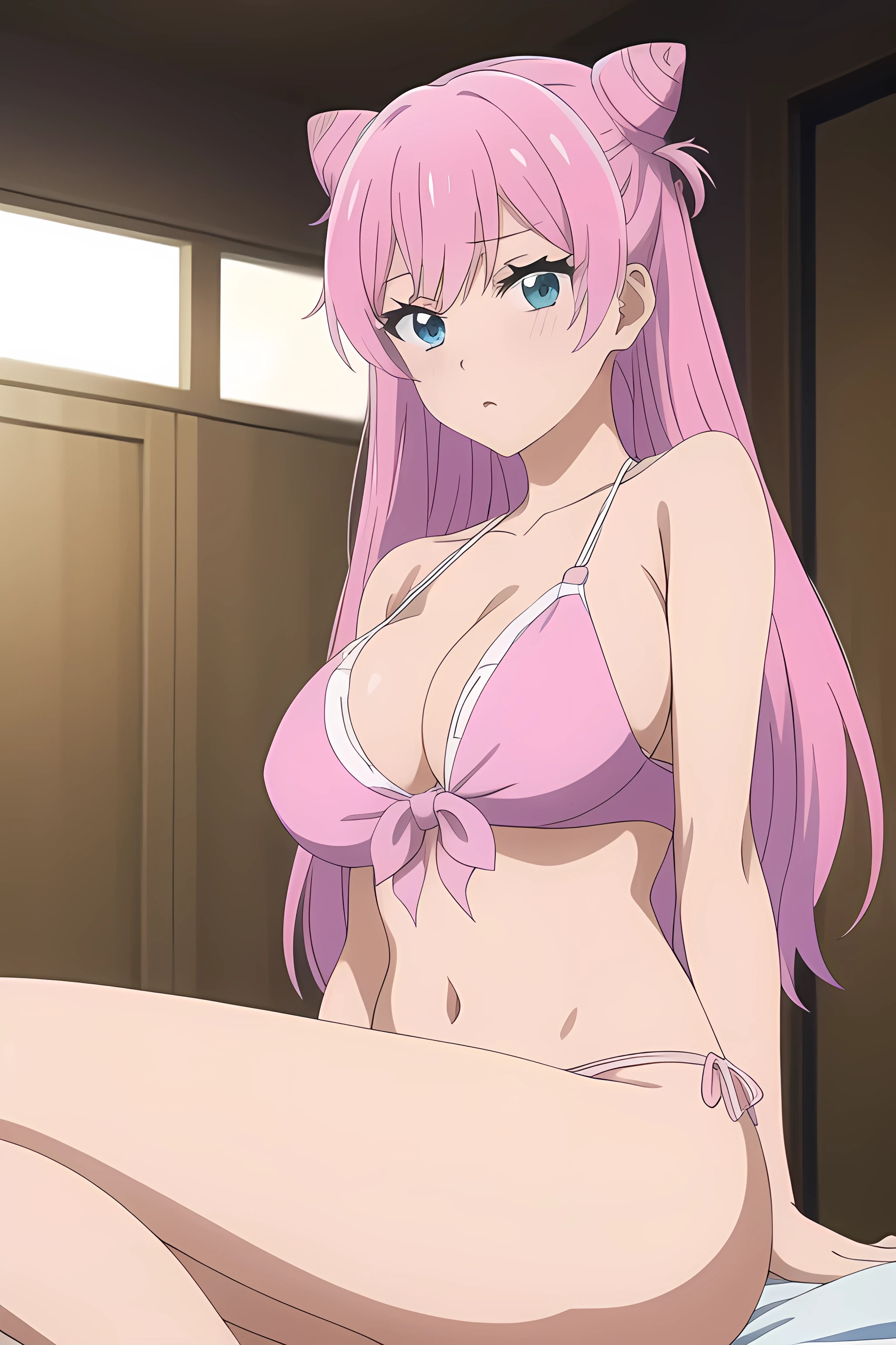 masterpiece, best quality, highres, high quality, 1girl, akari watanabe, blue eyes,long hair, pink hair,twintail,double bun, huge breasts, sexy, cleavage, seductive, sexy, light pink bikini, no clothes

