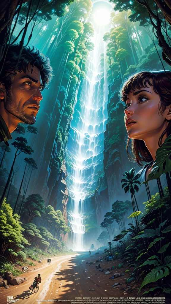 Movie poster, with the art of 80s movie posters, 80s art, a jungle adventure, a valley in the jungle, about some explorers, reaching the valley, where they meet, prehistoric animals and dinosaurs.