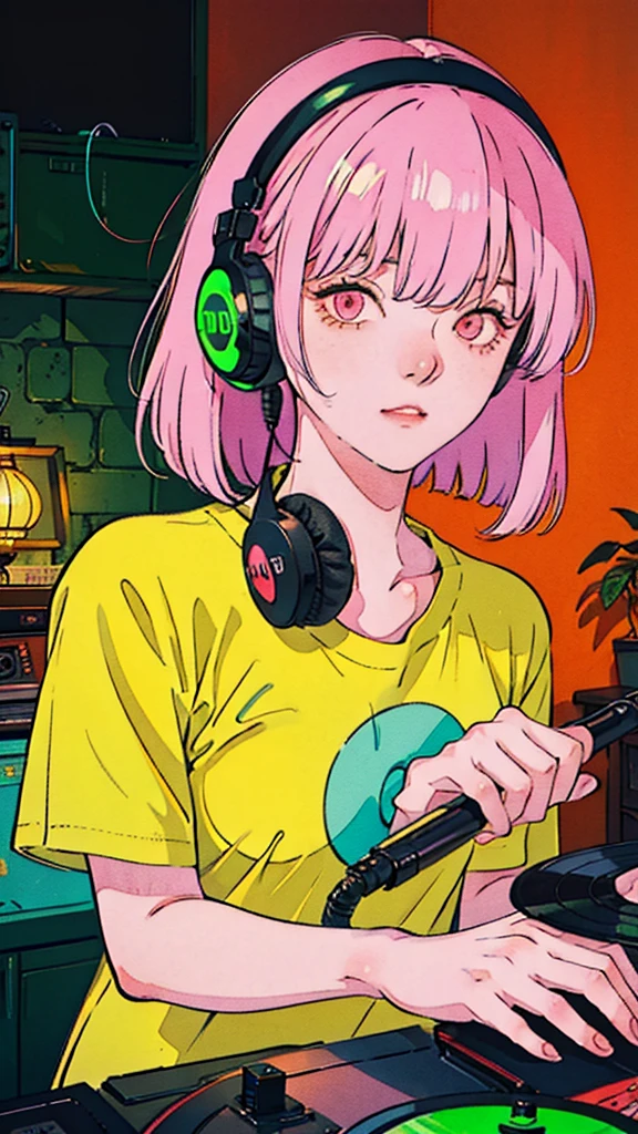 Beautiful Korean Women、one person, pink Hair, headphone, wearing yellow tee shirt, Turntable in the room, In the style of neon realism, Charming character, action, Gadget Punk, solapunk, Crimson and amber, Neon Black, Soft lighting, night, nighttime, Realistic, red lighting, Green Lighting, Hard Shadows, masterpiece, highest quality, complicated, Model shooting style, Vintage, Film Grain, Incomplete details